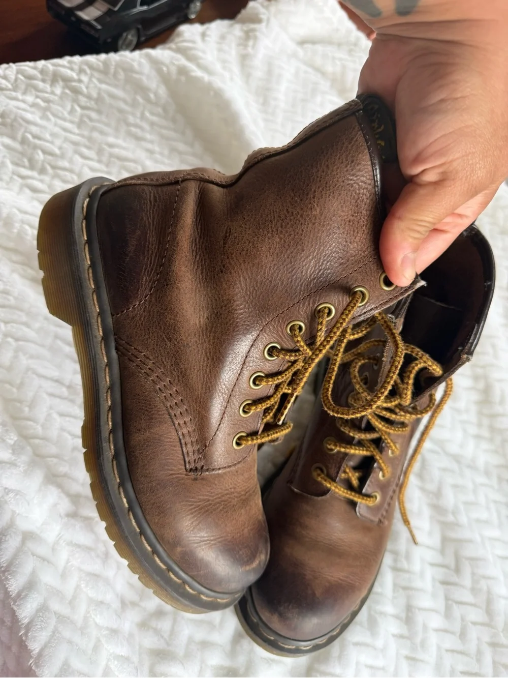 Dr. Martens Brown Leather Lace-Up Men's Boots with Yellow Stitching